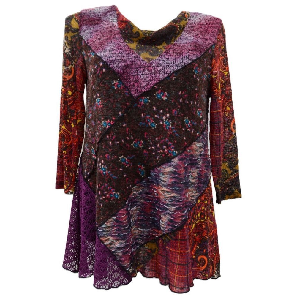 Ali Miles Wool Blend XL Patchwork Tunic Top Artsy Boho Blouse Whimsy Dark Fairy